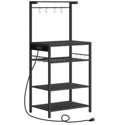 Konyhai pék állvány Power outlet -rel, 5-Tier kávézó állítható bortartóval, Mikrohullámú állvány 10 S alakú horgok, Konyhai tárolópolc állvány, Rusztikus barna