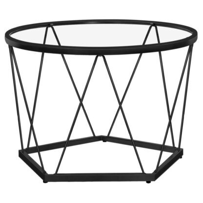 Salongbord, Black Glass salongbord for stue, 27.6" Rundt salongbord, 1 Layer Center Table, Metallramme, Sekskantet design, for liten plass, Mottaksrommet, Leilighet, Svart