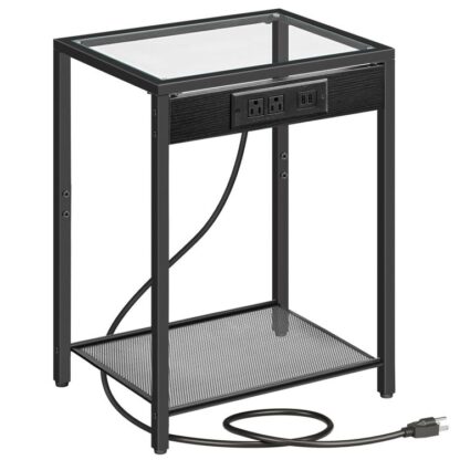 2-szintű oldalsó asztal töltőállomással, Végzet asztal USB -portokkal, éjjeliszekrény szűk terekhez, edzett üveg, modern fémkeret, irodában, hálószoba, nappali, fekete