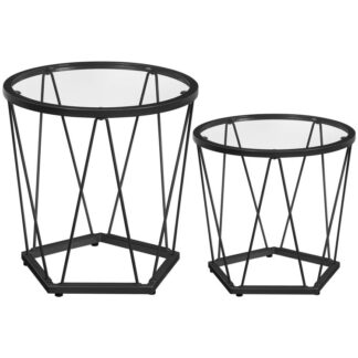 Lille sofabord sæt af 2, Round Coffee -slutbord med metalramme, Glas Top, Sort sidebord til stuen, Soveværelse og balkon, Moderne stil, Sort