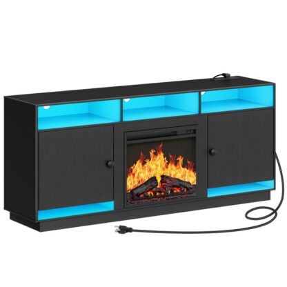 Porta TV per camino elettrico con luci LED e prese di corrente, Console TV nera per 32" 43" 50" 55" 65", Centro di intrattenimento con contenitori e ripiani in vetro regolabili, Nero