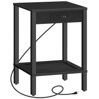 Tavolino con stazione di ricarica, Tavolino con porte USB e presa, Comodino con scaffale, DECORAZIONE DI RATTANA FUCCOLA, per soggiorno, Camera da letto, Nero