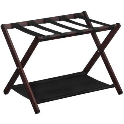 Batožina, Skladacie stojany na bambusové kufre s odkladacou policou a nylonovými popruhmi, 26.8" L x 17.7" W x 20" H, pre hosťovskú izbu, Hotel, Spálňa, Vydrží až 110 lb, Hnedá a čierna