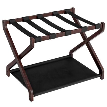 Rack de bagagem de madeira sólida, Porta-bagagens dobrável, Suporte para mala de bambu, com tiras de nylon e prateleira Oxford, para quarto de hóspedes, Hotel, Quarto, Marrom e preto