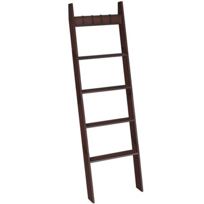 blanket ladder, wall leaning blanket rack, 16.9" l x 58.3" h, 5 tier farmhouse ladder shelf, towel rack, decorative quilt rack, removable hooks, living room, bedroom, bathroom, brown