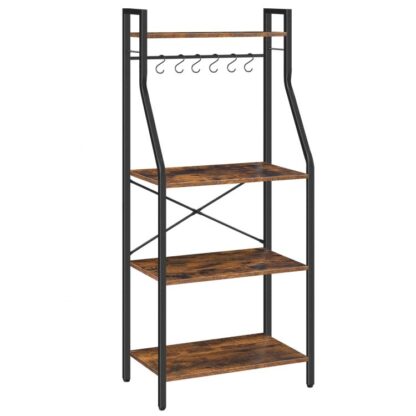 Bakers Rack, 4 Tier Microwelle Stand, Kaffi Strooss mat 6 Haken, x-förmlech zréck Ënnerstëtzung, fir Kichen, Iesszëmmer, Wunnzëmmer, rustikal brong