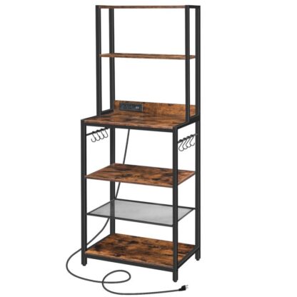 Bakers rack med stikkontakt, 6-Tier mikrobølgestativ, Køkkenopbevaringsstativ med 8 S-Hooks, Kaffebar med trådkurv, til køkken, stue, Rustik brun