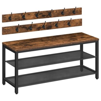 Juego de banco de zapatos y perchero, Banco de zapatos de entrada con 11 Ganchos para abrigos, 39.4" Zapatero estilo industrial, Resistente y duradero, para pasillo, Sala de estar, Dormitorio, Marrón rústico