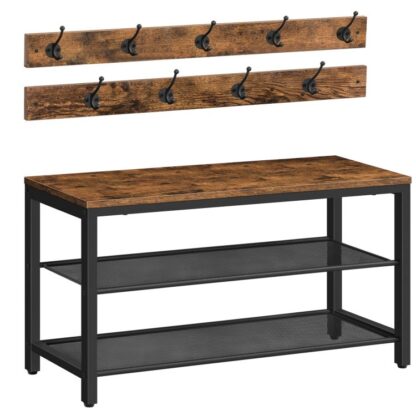 cad -rek schoenbank set, 3-Tier Entryway schoenbank met 9 kapstokken, 29.5"Organizer in industriële stijlschoenen, voor gang, woonkamer, slaapkamer, rustiek bruin