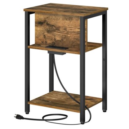 Enn Dësch mat Opluedstatioun, Nuetsstand mat Outlet, USB Hafen an Typ c, 3-Tier Säit Tabelle mat Upassung Féiss, fir Wunnzëmmer, Schlofkummer, Rustikal Braun a Schwaarz
