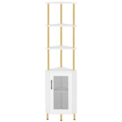 Suporte de prateleira de canto, 64.8" Armário industrial alto de canto com portas, 5-Estante de canto de nível, Suporte para planta de gabinete de exibição de canto, Rack de prateleiras de exibição para sala de estar, Branco e ouro