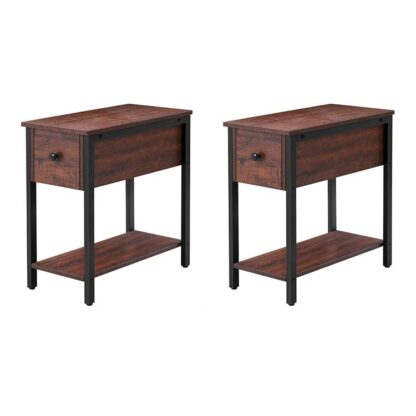 set van 2 slanke bijzettafels met lade, smalle eindtafel voor kleine ruimtes, Stabiele en stevige constructie, houten look meubels met metalen frame, walnootkleur