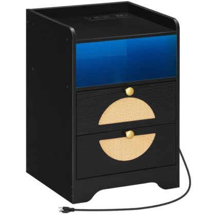 Musta pääpöytä latausasemalla, Rattan -yöpöytä LED -valolla, Moderni yötä 2 Säilytyslaatikot, Sängyn pöytä USB -porttien kanssa & Pistorasiat, makuuhuoneeseen