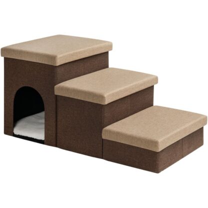 Hundetreppe mit Lagerung, Klappbare Hundetreppe für Hochbett oder Couch, 29.2"L x 15.8"W x 15"H, Haustiertreppe mit Haustierhaus, für kleine Hunde, Halten Sie durch 150 Pfund, 3 Schritte, Braun