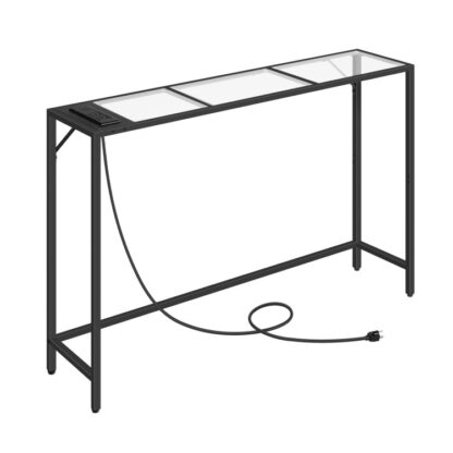 konzolový stůl s vývody, Tvrdená skleněná pohovka stůl, moderní otevřený stůl na chodbě, úzký konzolový stůl, Couch Table, Jednoduchý styl, Vstupní stůl pro obývací pokoj, foyer, černý