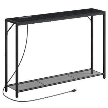 Tabuľka pohovky s výstupom napájania, 43.7" Konzolový stolík s USB portami, Za gaučovým stolíkom, Vstupný stôl do obývacej izby, Vstupná chodba, Foyer, Kovový rám, Nastaviteľné nožičky, Čierna