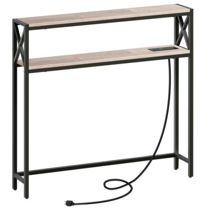 Smalle banktafel met laadstation, 39.4" L x 5.9" W x 39.4" H, Achter de banktafel, Magere consoletafel met uitlaat, Ingangstafel voor woonkamer, Greige