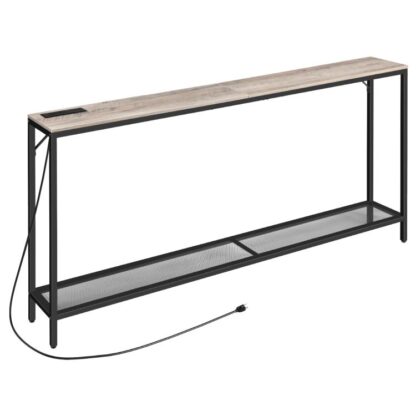 63 Tavolino da divano con prese di corrente, 2-Tavolo consolle a più livelli con stazione di ricarica, Tavolo da divano, Tavolino da divano stretto e lungo dietro, per soggiorno, Ingresso, Foyer, Greige e Nero