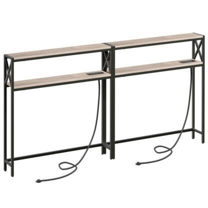 2 Csomagoljon keskeny kanapéasztalot töltőállomással, 39.4" L X 5.9" W x 29" H, Kanapéasztal mögött, Skinny konzolasztal konnektorral, Bejárati asztal a nappaliba, Szürke