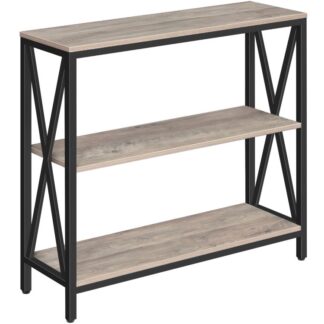 Mesa de sofá, Mesa consola industrial, 3-Mesa auxiliar estrecha con estantes abiertos, Mesa de vestíbulo para entrada, Pasillo, Cocina, Sala de estar y dormitorio, Fácil montaje, gris