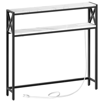 smalle banktafel met laadstation, 39.4" L x 5.9" W x 39.4" H, achter de banktafel, magere consoletafel met uitlaat, Entryway Table for Living Room, marmer en zwart
