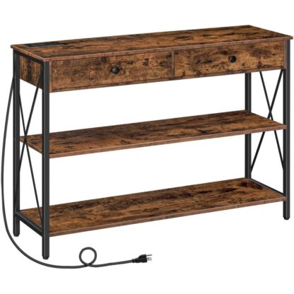 Consoletafel met verkooppunten en USB -poorten, 47.2" Industriële banktafel met 2 laden, Entryway Table smal lang met opslagplanken, bankbanktafel voor woonkamer, rustiek bruin