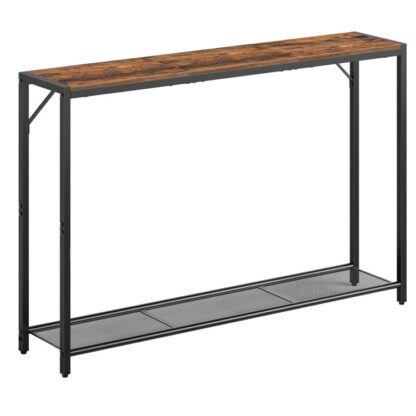 Konsolentisch, 43.7" Industrieller Eingangstisch, Schmaler Sofatisch mit Regalen, Couchtisch für den Eingangsbereich, Flur, Wohnzimmer, Foyer, Büro, Rustikales Braun und Schwarz
