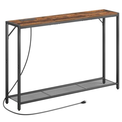 Mesa de sofá com tomada, 43.7" Mesa de console com portas USB, Atrás da mesa do sofá, Mesa de entrada para sala de estar, Corredor, Hall de entrada, Estrutura metálica, Pés ajustáveis, Marrom Rústico