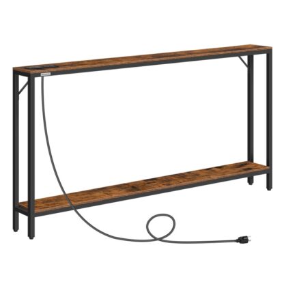 63 Καναπέ τραπέζι με εξόδους ισχύος, Skinny Console Table με σταθμό φόρτισης, 2 Τραπέζι καναπέδες, Στενό πολύ πίσω από καναπέ τραπέζι, για Σαλόνι, Είσοδος, Φουαγιέ, Ρουστίκ καφέ