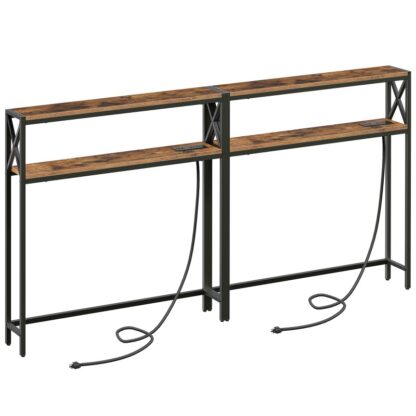 2 Csomagoljon keskeny kanapéasztalot töltőállomással, A kanapéasztal mögött, 39.4" L X 5.9" w x 39.4" H, Vékony folyosó asztal polc, bejárati asztal a nappalihoz, rusztikus barna