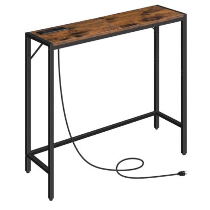 Consoletafel met krachtstation, 30.1 Ingangstafel, Achter de banktafel, Industriële stijl, Stopcontacten en USB-poorten, Robuust, voor Woonkamer, Ingang, Foyer, Hal, Rustiek bruin