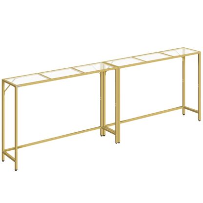 console, 40.2 ensemble de table de canapé moderne de 2, table de couloir en verre trempé, table de canapé mince, table de canapé étroite avec cadre métallique, pour l'entrée, salon, or