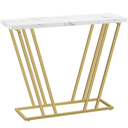 Moderner Konsolentisch, Gold- und Marmor weißer Eingangstisch mit geometrischen Metallbeinen, Faux Marmor Schmaler Sofa -Tisch, für Wohnzimmer, Flur, Foyer