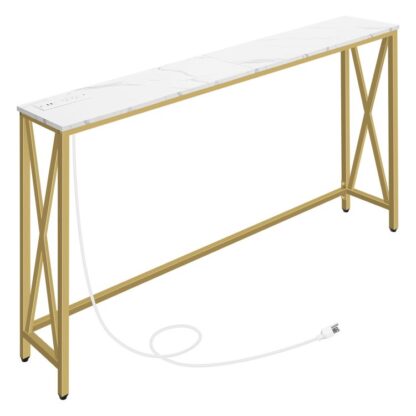 Konsollbord med strømuttak, 55.1" smalt sofabord, Mordern -bord bak sofa sofa med USB -porter, solid og holdbar, for inngangsparti, stue, foajé, marmor og gull