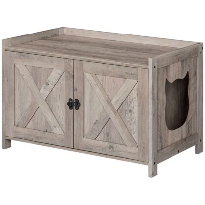 Caja de arena para gatos, Muebles de caja de arena ocultos con divisor, Muebles de baño de madera para gatos, Casa para gatos interior, Mesa final, Mesita de noche, Se adapta a la mayoría de las cajas de arena., 31.5" l, gris