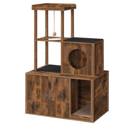 Kaz Dreckskëscht COWLESTURE MAT CATE Tuerm, Hidden Kaz Dreckskëscht Miwwel mat Condo a Plush Kugel, Hëlze Kaz Washroom Miwwelen mat der Plattform, Indoor Cat Haus, Rustikal Braun