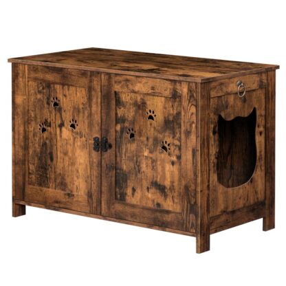 Enclos caché pour bac à litière pour chat, Meubles d'armoire pour chat en bois, Maison pour chat haute d'intérieur à double porte avec cloison amovible, Assemblage facile, pour le salon, Chambre à coucher, Brun rustique