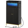 Cabinet de garde-manger avec station de charge, Armoire de garde-manger de cuisine avec lumière LED et étagères de rangement, Garde-manger de cuisine avec porte de tiroir en acrylique pour cuisine, Salle à manger, Noir et or