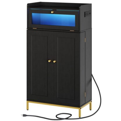 Cabinet de garde-manger avec station de charge, Armoire de garde-manger de cuisine avec lumière LED et étagères de rangement, Garde-manger de cuisine avec porte de tiroir en acrylique pour cuisine, Salle à manger, Noir et or