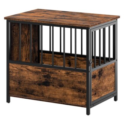 Mobili per gabbie per cani, Tavolino per cassa per cani in legno, 26.8" Cassa di cani decorativi interni pesanti con barre di ferro da masticare, Casa per cani da interno per cani piccoli/medi, Marrone rustico