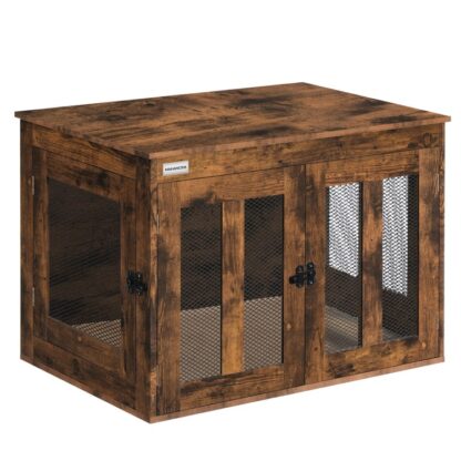 Hond kräischen Miwwelen mat Këssen, Schwéier Pflicht Hond Kennel mat Duebele Dieren, Dekorativ Holz Hausdéierhaus Enn Säit Dësch, Indoor Dog Cage fir kleng Medium Hënn, Rustikal Braun