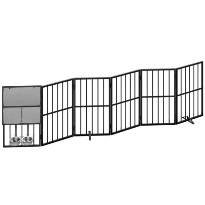 hundeport indendørs med hundeskåle, 94.5" Ekstra bred foldhegn til døråbninger, trappe & hjem, 6 panel fritstående kæledyrsport med støttefødder, Pet hvalpesikkerhedshegn, sort