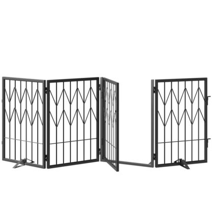 Dog Gate Indoor, 4 panele wolnostojącego bramy zwierzaka z przejściem do drzwi, 62.9 Cale składane ogrodzenia dla schodów, wejście, ogrodzenie bezpieczeństwa szczeniaka zwierząt domowych z stopami wsparcia, czarny