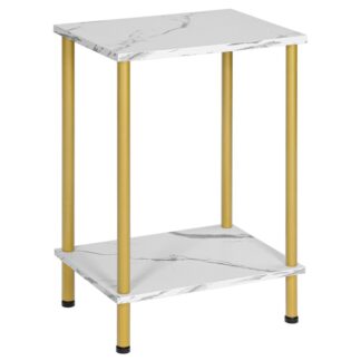 Guld og hvid marmor slutbord, Lille sidebord, Natbord med 2-lags opbevaringshylder, Sofabord til små rum, Stue, Soveværelse, Stabil ramme, Nem montering
