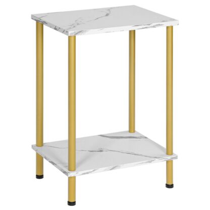 Table de bout en marbre or et blanc, Petite table d'appoint, Table de nuit avec étagères de rangement à 2 niveaux, Table de canapé pour petits espaces, Salon, Chambre à coucher, Cadre stable, Assemblage facile