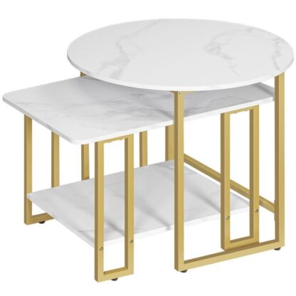 Piccolo set di tavolini, Tavolini da caffè in finto marmo con struttura in metallo, Set di tavolini da caffè moderni ad incastro 2, per soggiorno, Bianco di marmo e oro