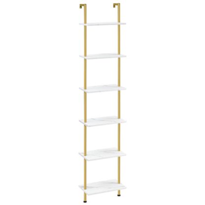 Diy Ladder Regal, 6-tier hëlze Wand montéiert Bicherregal, schmuel Goldbicher, Füügt vu Sendeg, Späichere Rack, Planzen Stand, Fir Wunnzëmmer, Schlofkummer, studéieren, Balkon, Marmer a Gold