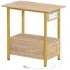End Table with Charging Station, Narrow Side Table with Drawer and USB Ports & Power Outlets, Nightstand Bedside Tables for Small Spaces, Bedroom, Living Room, White Oak and Gold