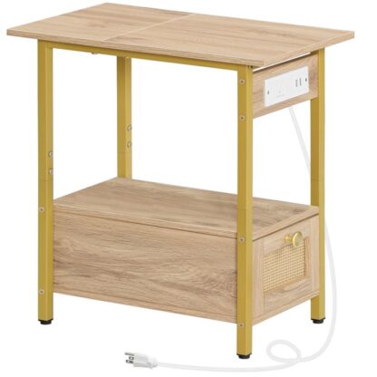 End Table with Charging Station, Narrow Side Table with Drawer and USB Ports & Power Outlets, Nightstand Bedside Tables for Small Spaces, Bedroom, Living Room, White Oak and Gold