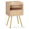 nightstand with charging station, bed side table with rattan-like decor drawer, rattan end table with open storage, bedside table for bedroom, living room, study room white oak